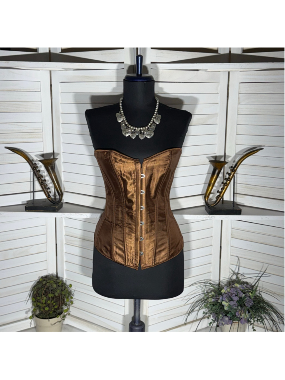 NWOT brown satin corset top clasp boned sweetheart steampunk cosplay Ren Fair S